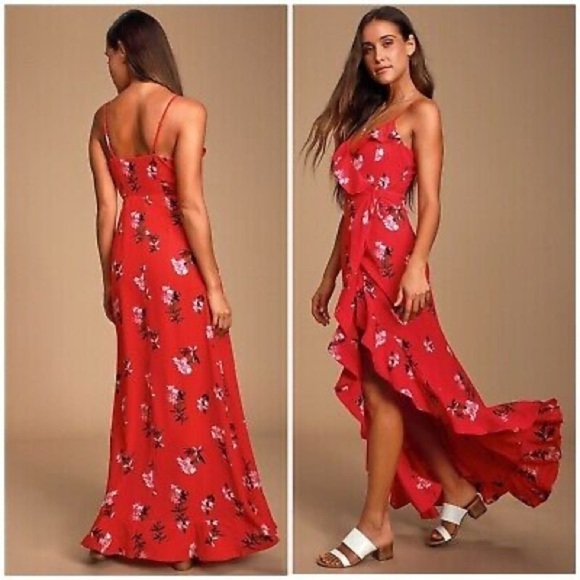 Lulus Rosana Red Floral Print Ruffled Wrap Maxi Dress - Picture 1 of 8